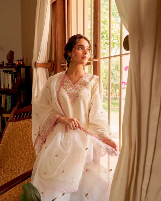 Premium Chanderi Silk Suit Set with Pink Embroidery and Dupatta