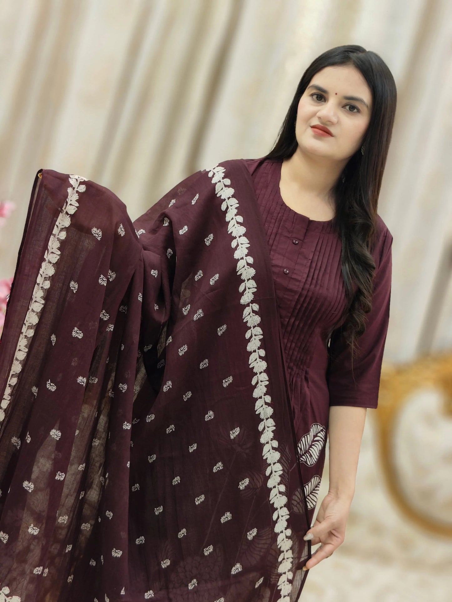Maroon Cotton 3 Piece Kurti Pant Dupatta Set for Women
