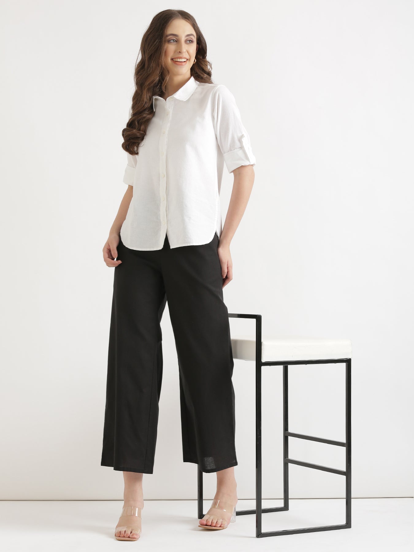 Women Black Airy Linen Wide Leg Pant