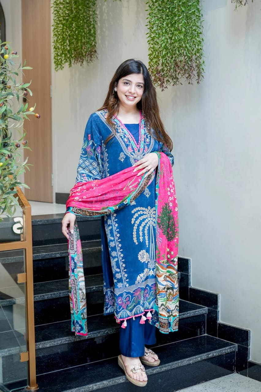 Premium Muslin Kurti Pant with Handwork Neck and Pink Dupatta Set
