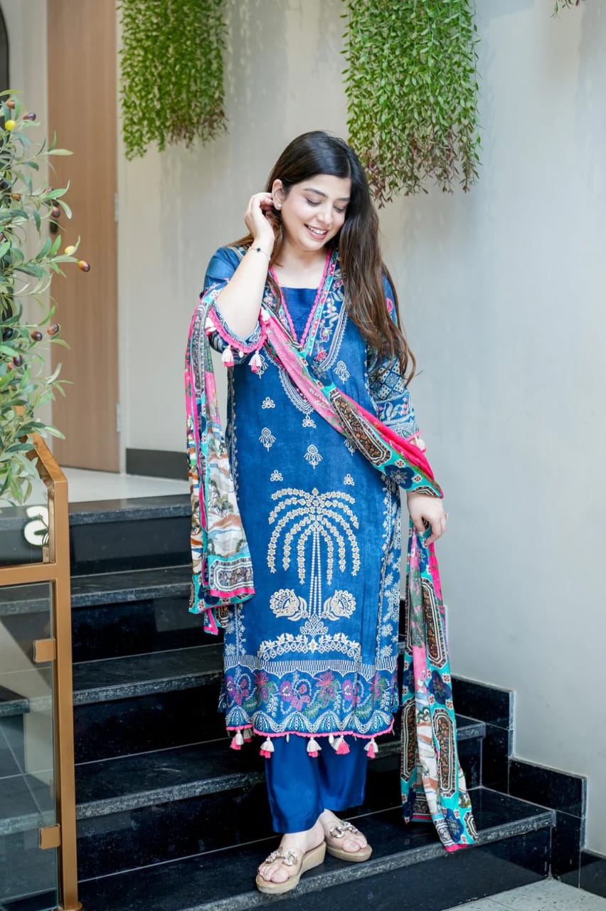 Premium Muslin Kurti Pant with Handwork Neck and Pink Dupatta Set
