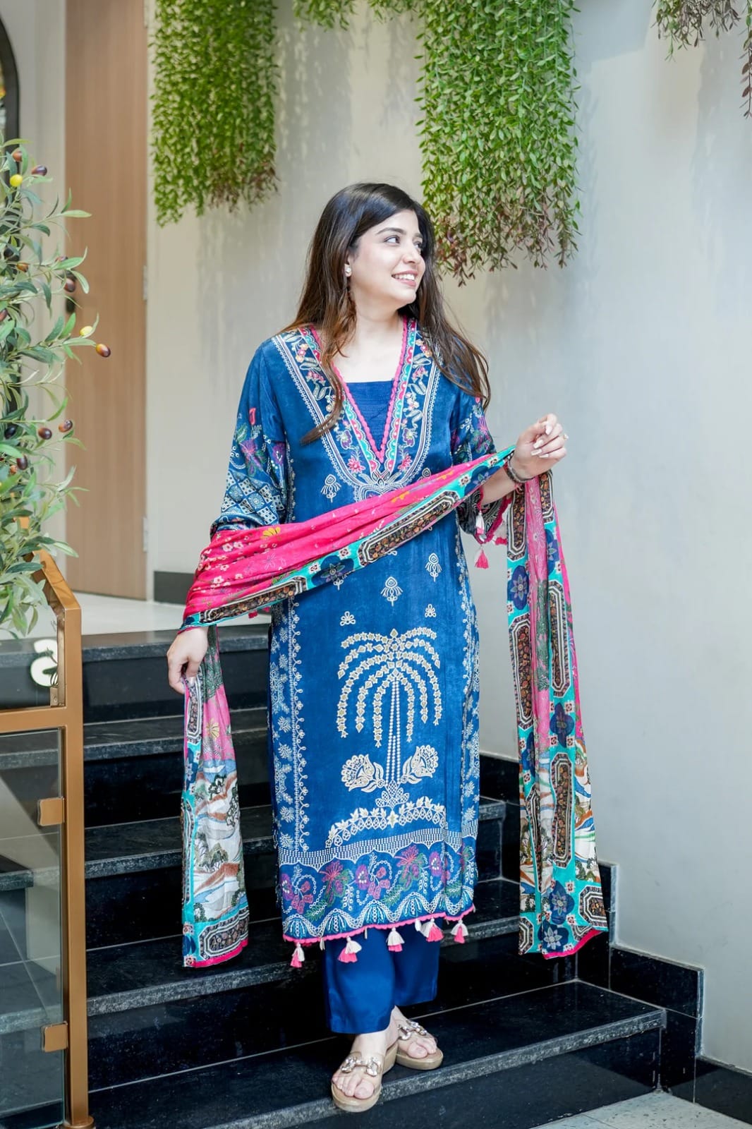 Premium Muslin Kurti Pant with Handwork Neck and Pink Dupatta Set