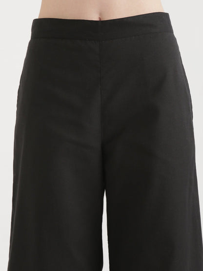 Women Black Airy Linen Wide Leg Pant