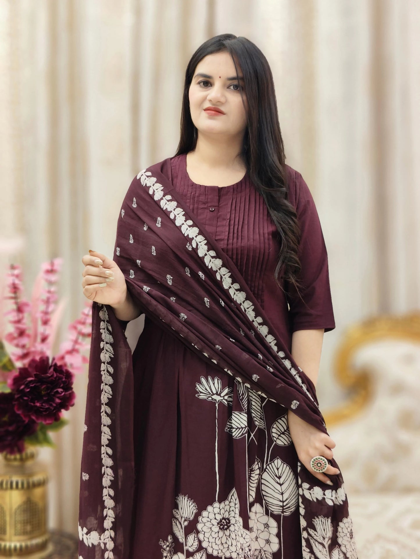 Maroon Cotton 3 Piece Kurti Pant Dupatta Set for Women