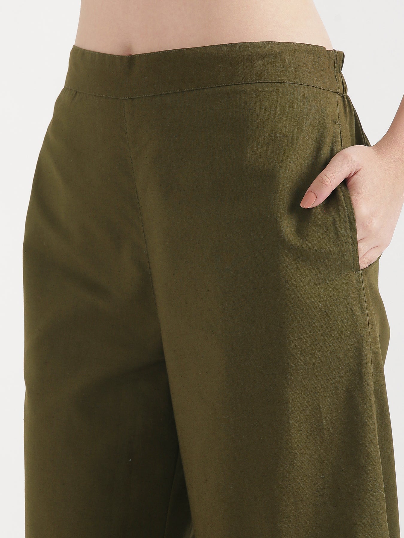 Women Olive Green Airy Linen Wide Leg Pant