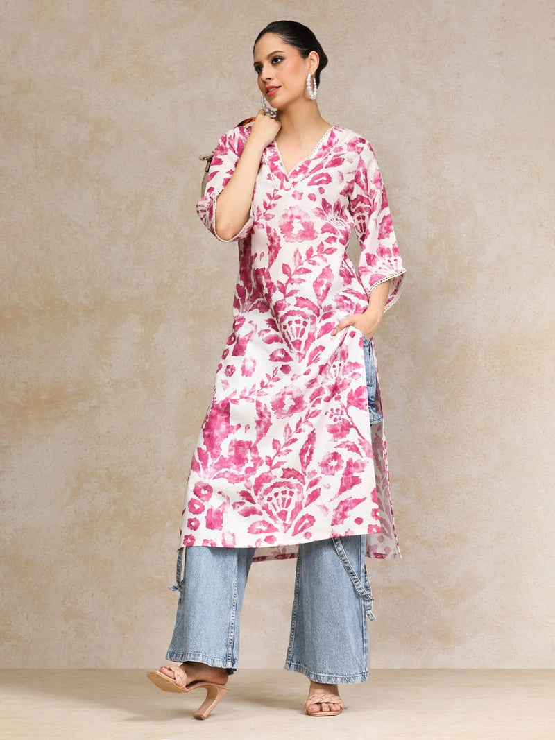 Elegant White Pink Printed Straight Kurti for Women