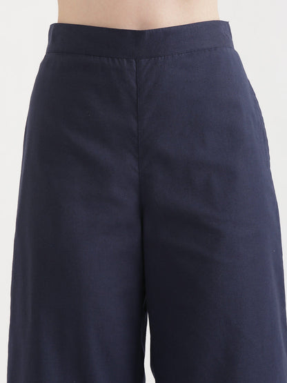 Women Navy Blue Airy Linen Wide Leg Pant