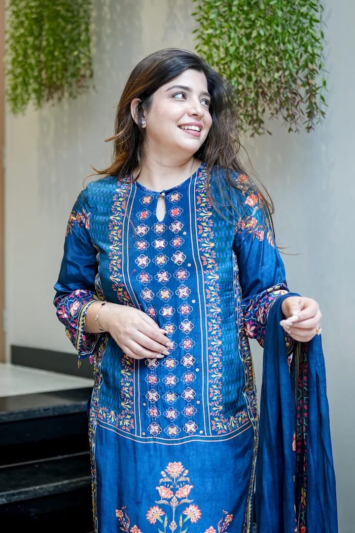 Premium Muslin Kurti Pant with Handwork Neck and Blue Dupatta Set