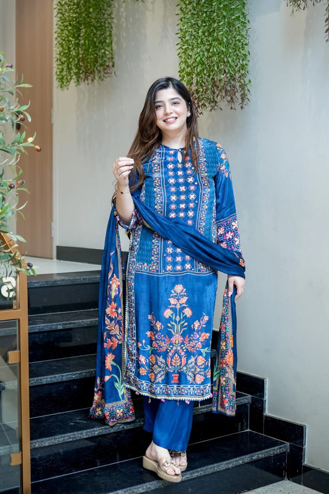 Premium Muslin Kurti Pant with Handwork Neck and Blue Dupatta Set