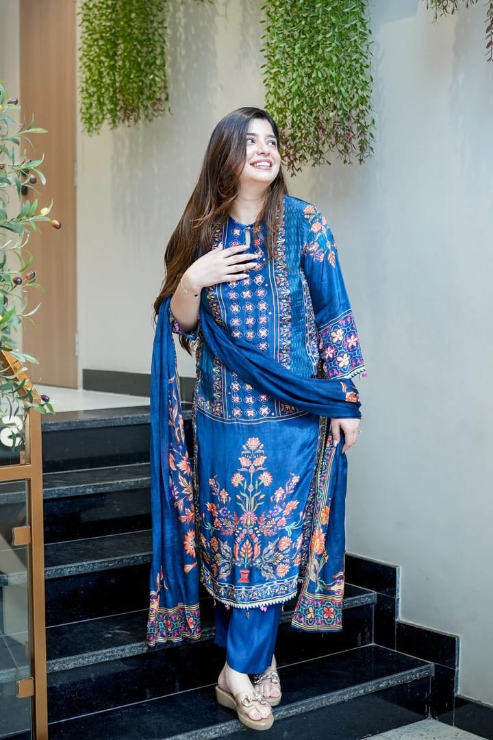Premium Muslin Kurti Pant with Handwork Neck and Blue Dupatta Set