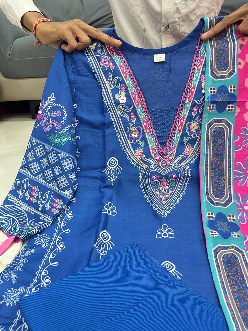 Premium Muslin Kurti Pant with Handwork Neck and Pink Dupatta Set