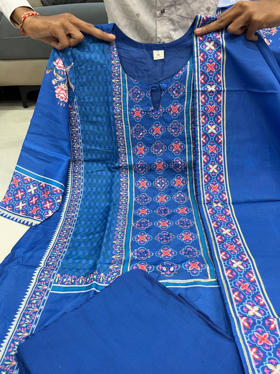 Premium Muslin Kurti Pant with Handwork Neck and Blue Dupatta Set