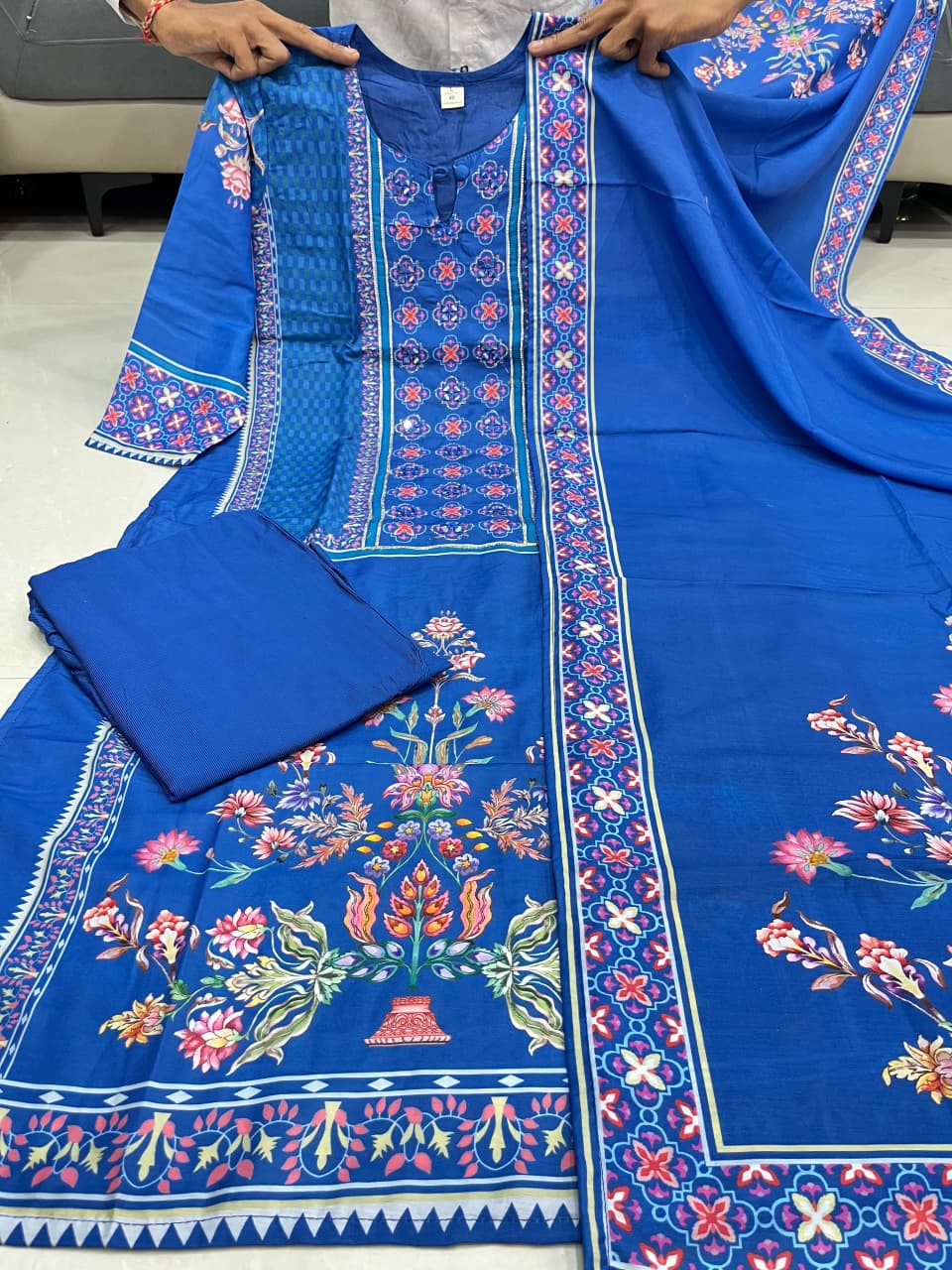 Premium Muslin Kurti Pant with Handwork Neck and Blue Dupatta Set