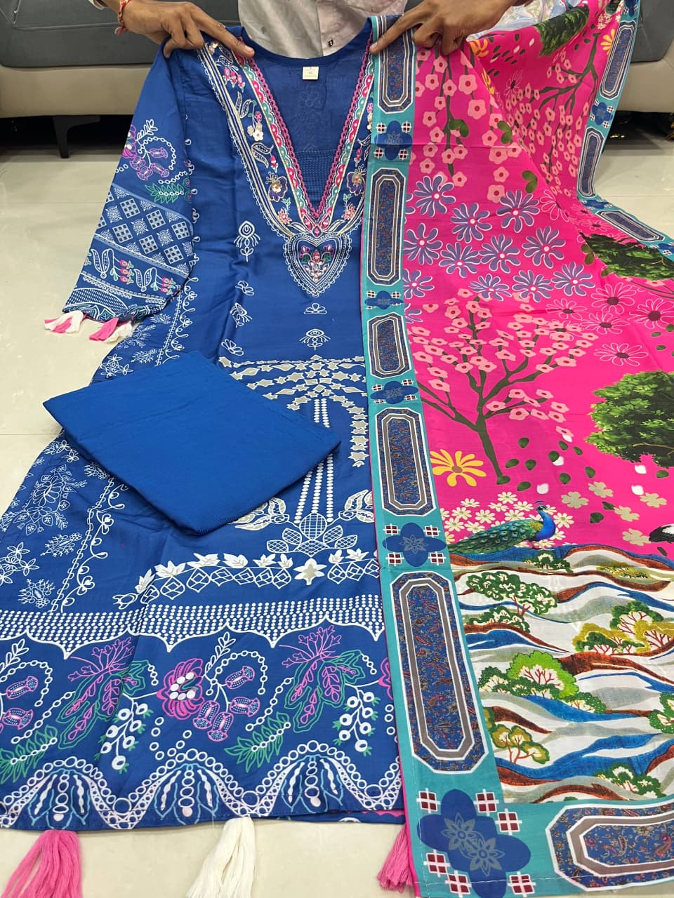 Premium Muslin Kurti Pant with Handwork Neck and Pink Dupatta Set