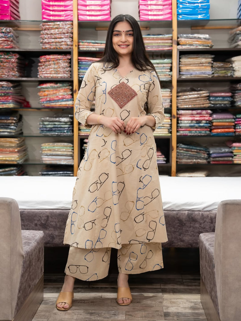 Beige Printed Cotton Kurti Palazzo Set for Women