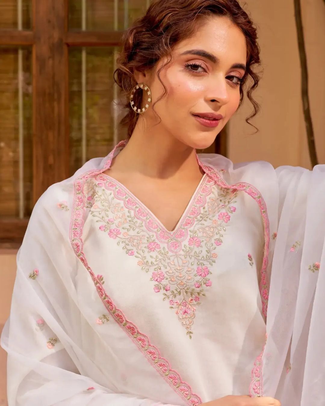 Premium Chanderi Silk Suit Set with Pink Embroidery and Dupatta