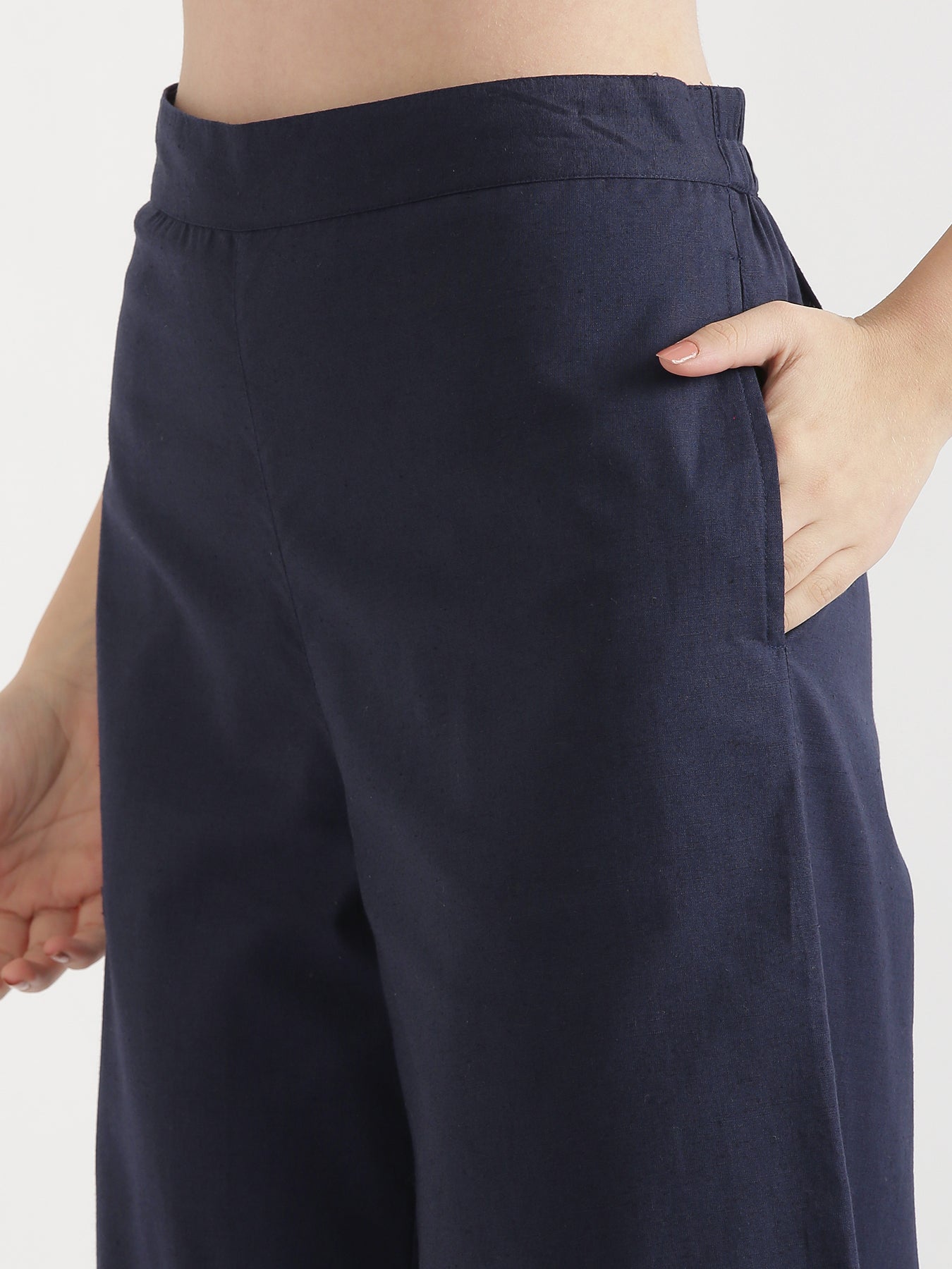Women Navy Blue Airy Linen Wide Leg Pant