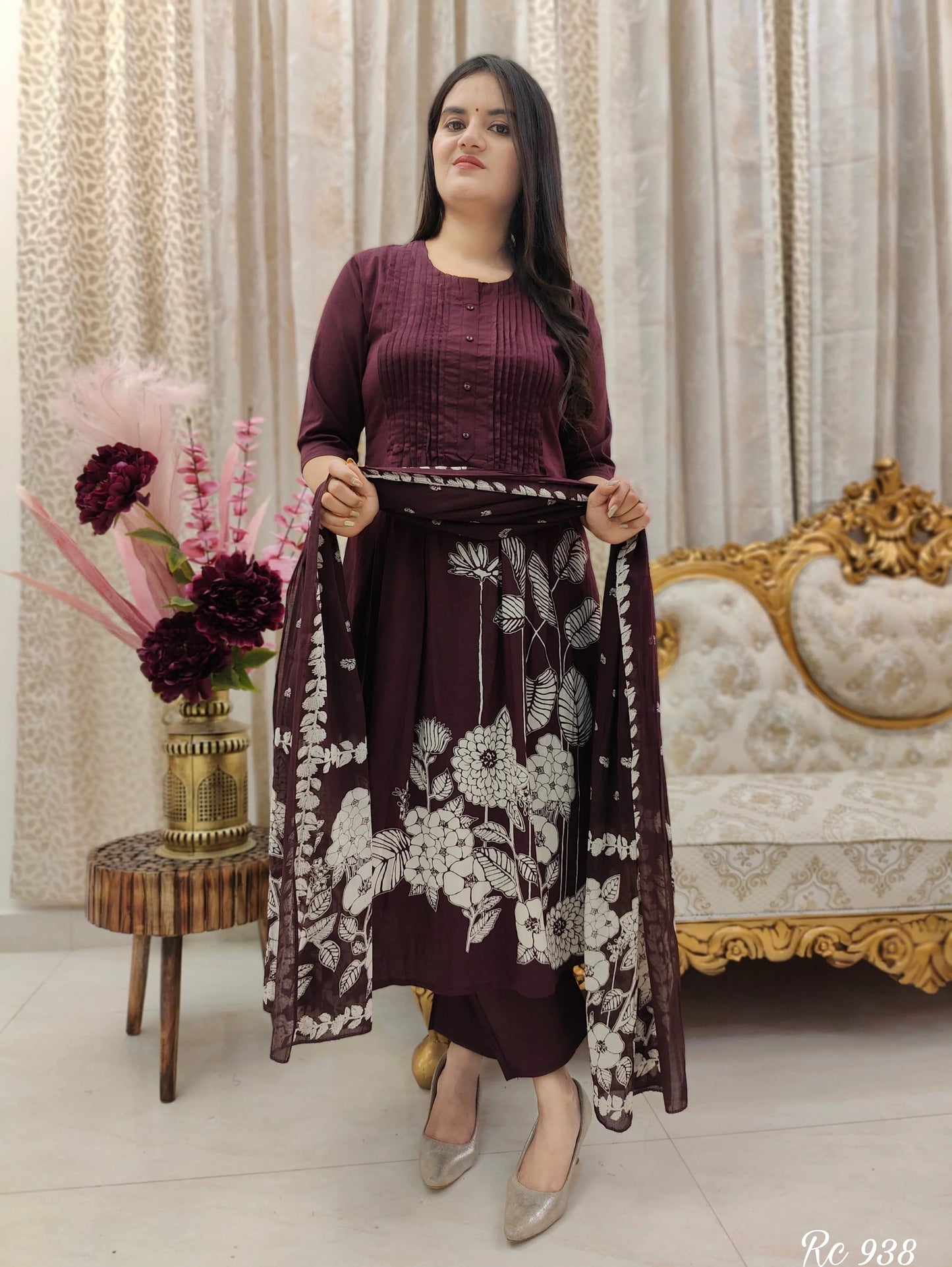 Maroon Cotton 3 Piece Kurti Pant Dupatta Set for Women
