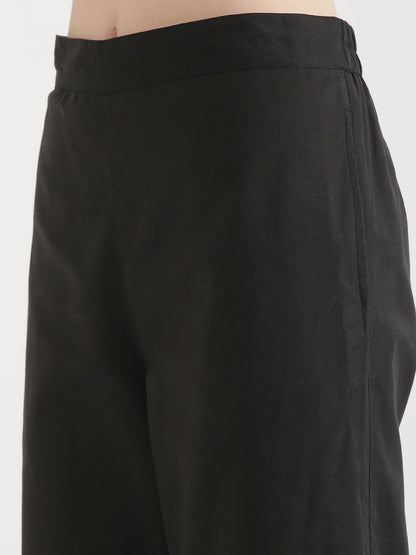 Women Black Airy Linen Wide Leg Pant