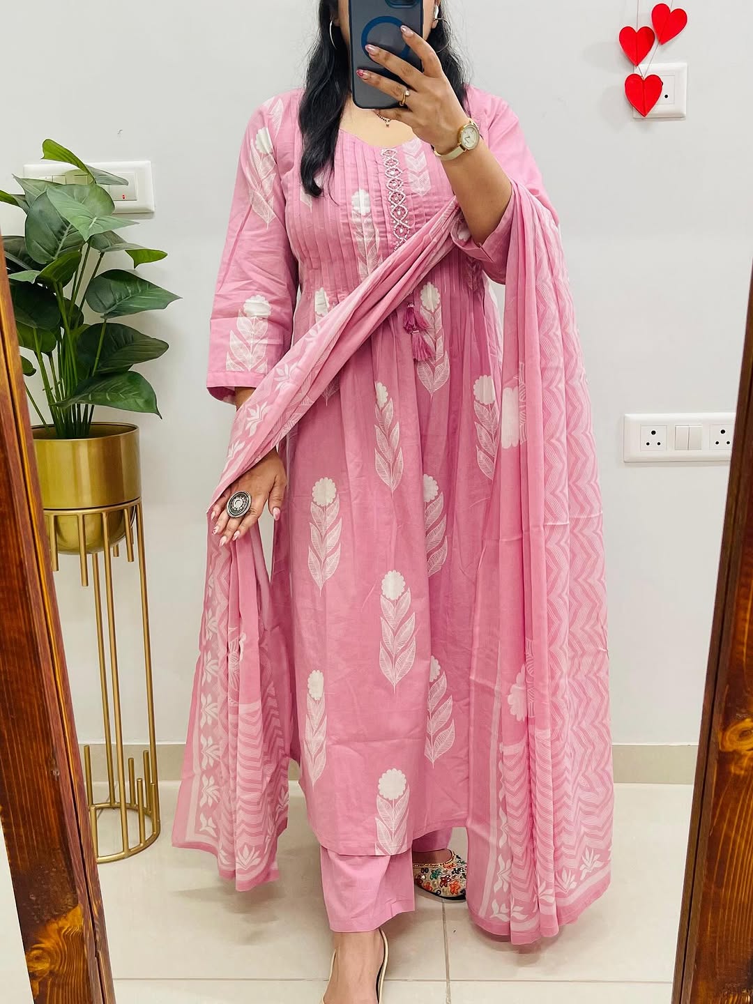 Premium Baby Pink Cotton Kurti Pant Dupatta Set