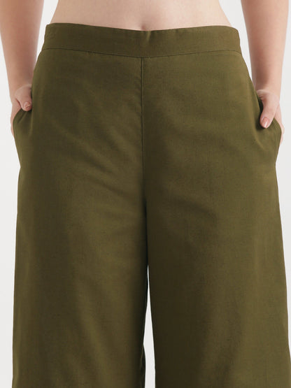 Women Olive Green Airy Linen Wide Leg Pant