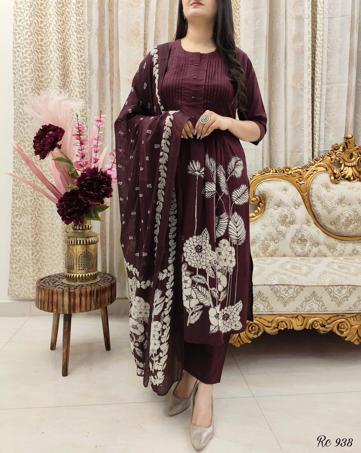 Maroon Cotton 3 Piece Kurti Pant Dupatta Set for Women
