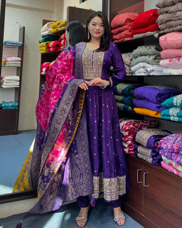 Jashn-E-Bahaaraa Purple Anarkali Suit Set with Banarasi Dupatta