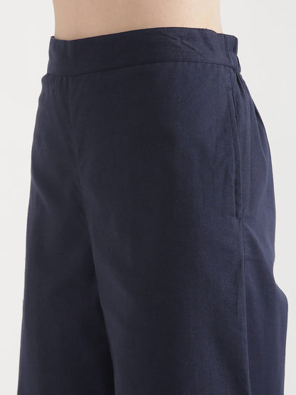 Women Navy Blue Airy Linen Wide Leg Pant