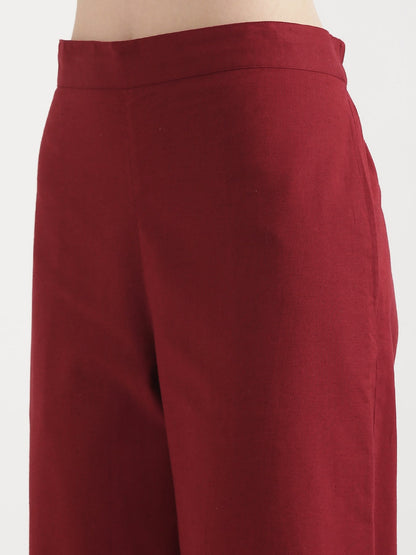 Women Maroon Airy Linen Wide Leg Pant