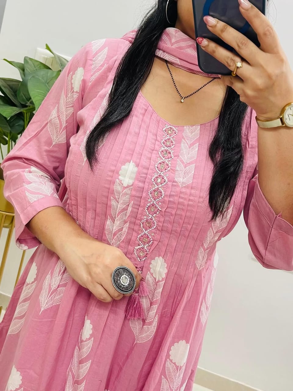 Premium Baby Pink Cotton Kurti Pant Dupatta Set