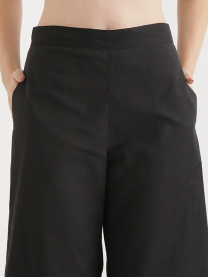 Women Black Airy Linen Wide Leg Pant