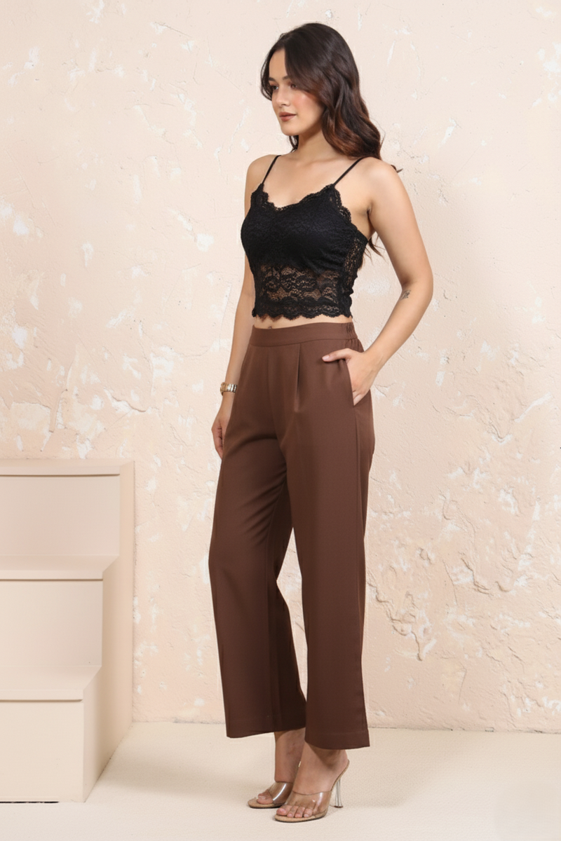 Brown Cotton Wide-Leg Parallel Pants with Pockets