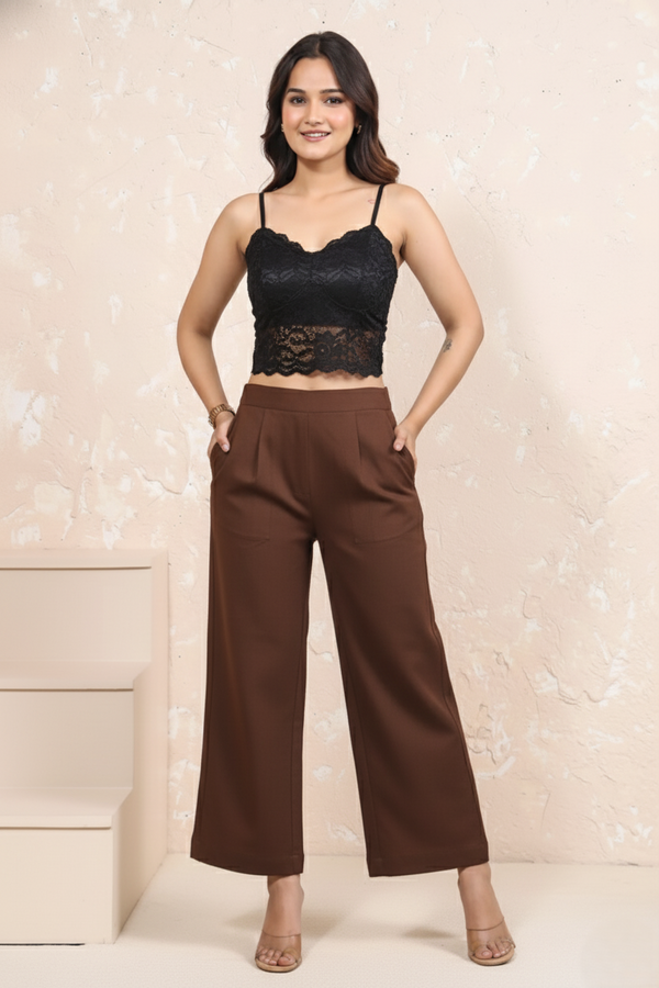 Brown Cotton Wide-Leg Parallel Pants with Pockets