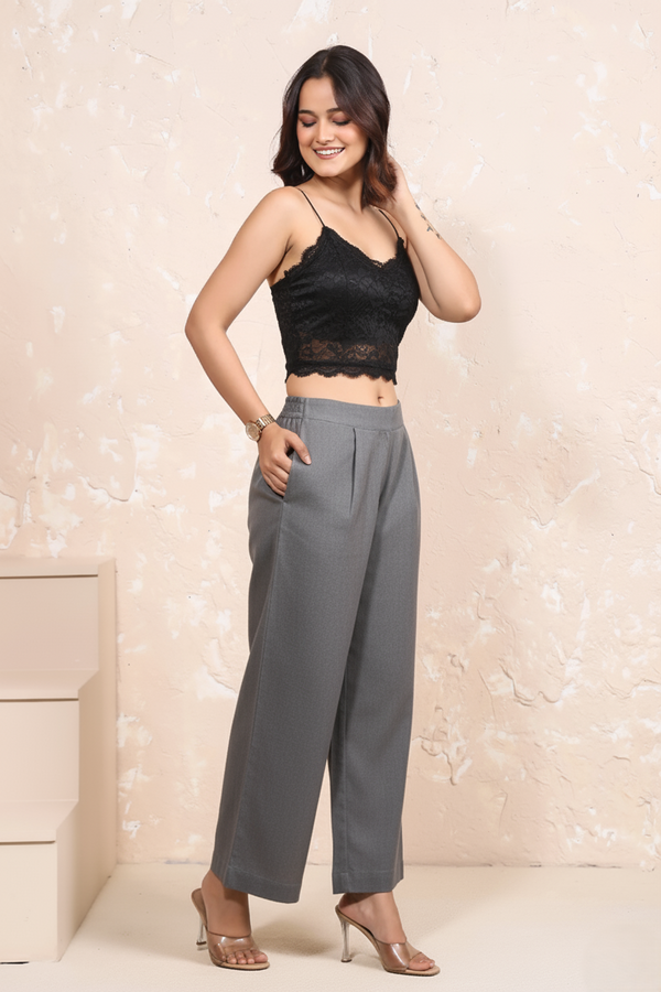 Grey Cotton Wide-Leg Parallel Pants with Pockets