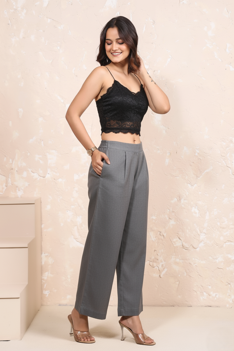 Grey Cotton Wide-Leg Parallel Pants with Pockets