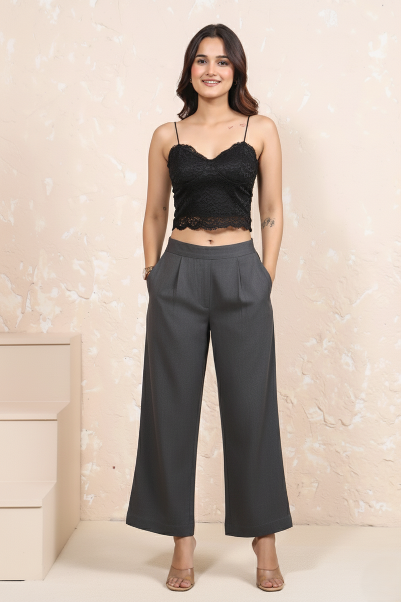 Grey Cotton Wide-Leg Parallel Pants with Pockets
