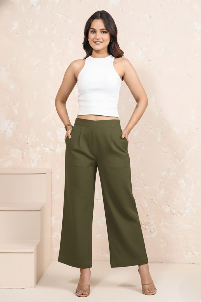 Green Cotton Wide-Leg Parallel Pants with Pockets