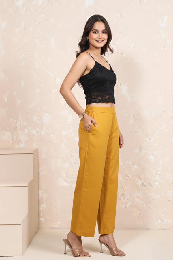 Yellow Cotton Wide-Leg Parallel Pants with Pockets