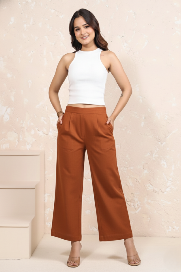 Orange Cotton Wide-Leg Parallel Pants with Pockets
