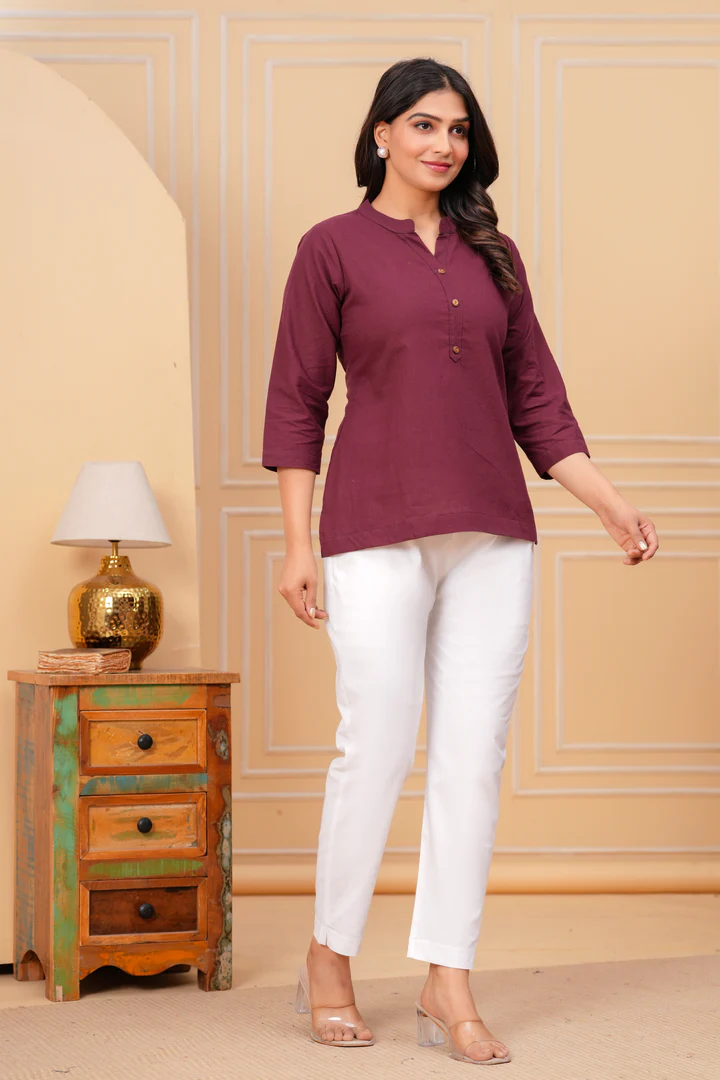 Effortless Style- Royal Wine Airy Linen Short Kurti
