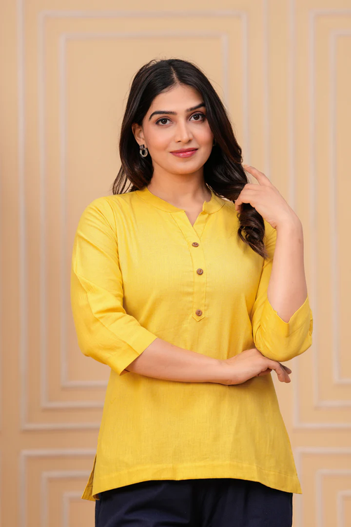 Effortless Style- Yellow Airy Linen Short Kurti