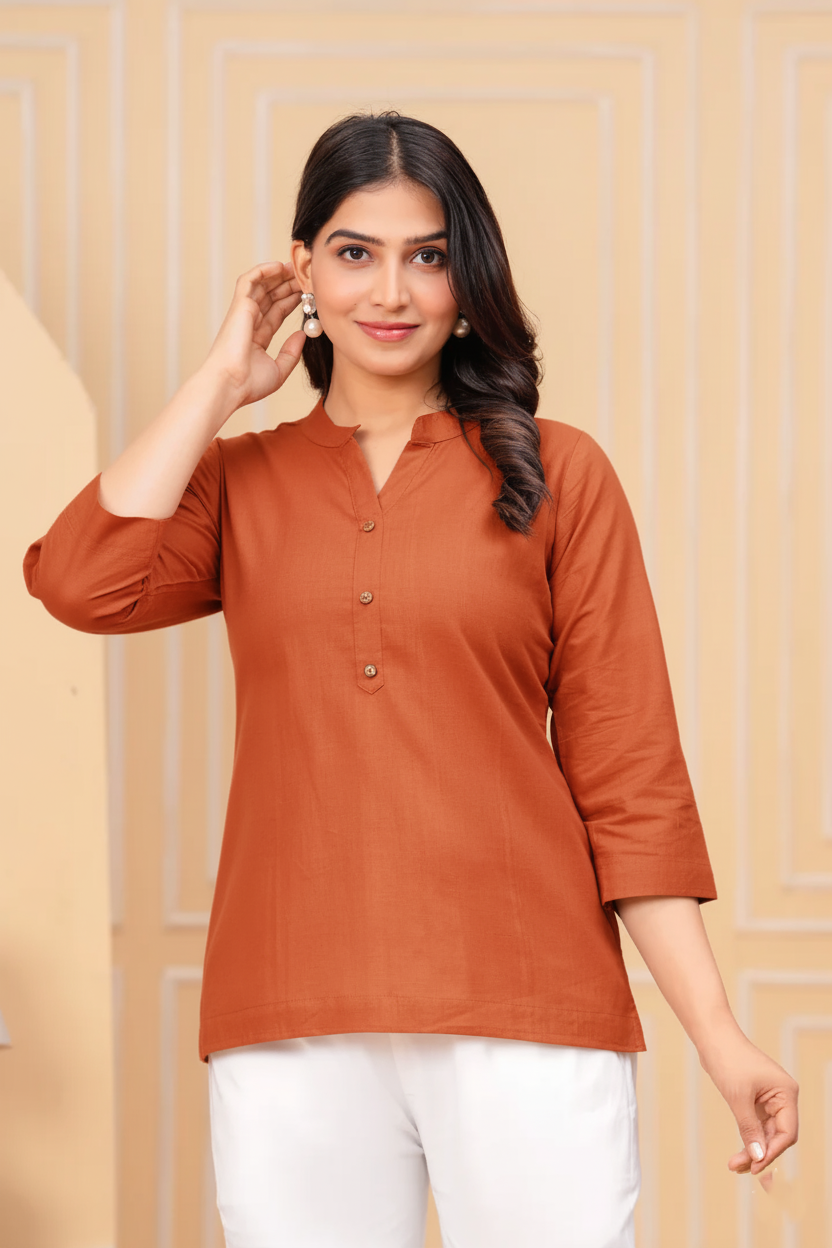 Effortless Style-Rusty Orange  Airy Linen Short Kurti