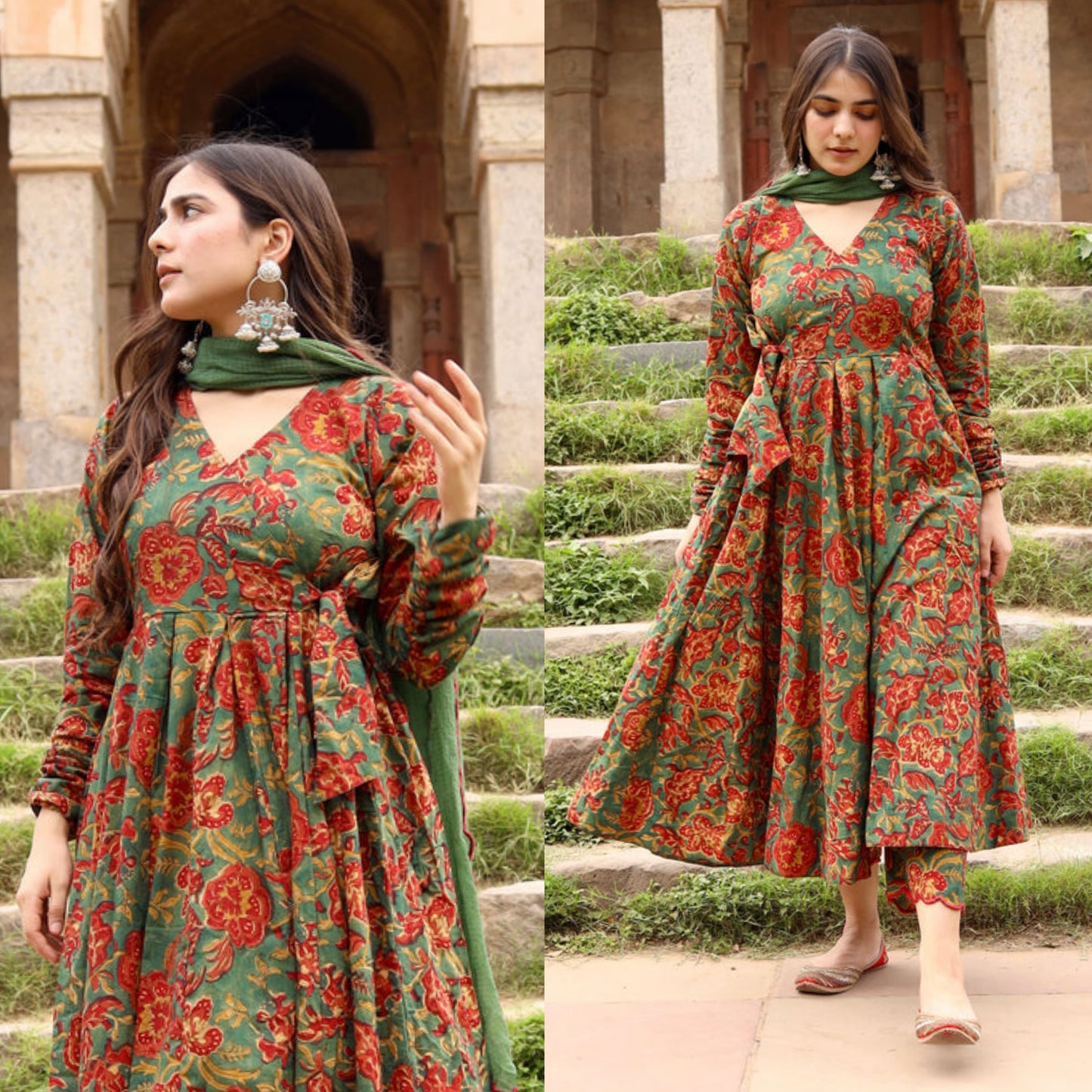 English Green Cotton Noor Anarkali Set
