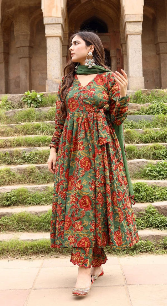 English Green Cotton Noor Anarkali Set
