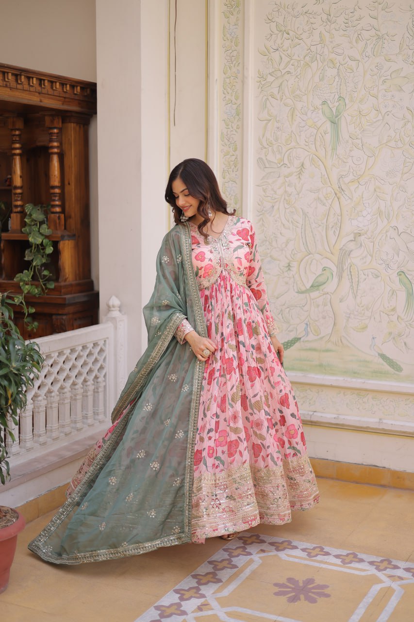 Alia Cut Russian Silk Gown Set with Dupatta for Women