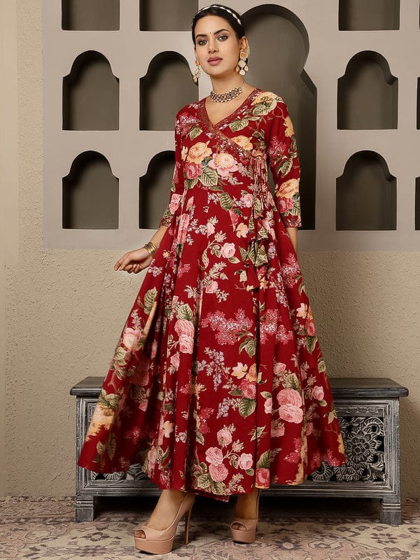 Maroon Cotton Angrakha Anarkali Kurta Suit Set