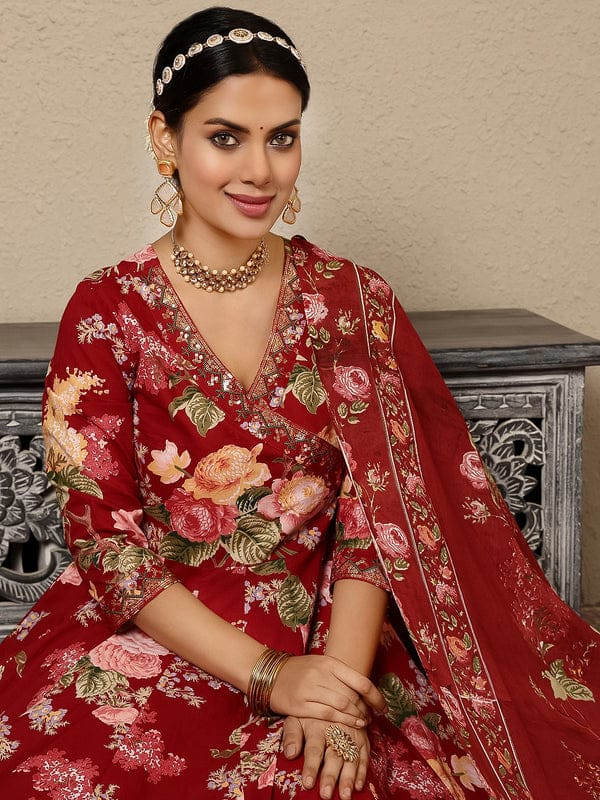 Maroon Cotton Angrakha Anarkali Kurta Suit Set