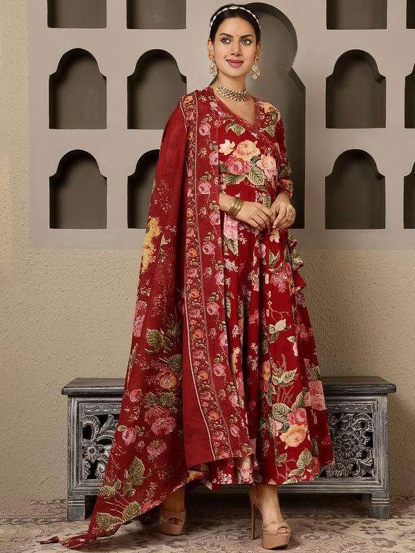 Maroon Cotton Angrakha Anarkali Kurta Suit Set