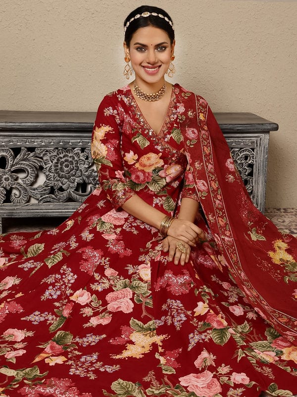 Maroon Cotton Angrakha Anarkali Kurta Suit Set