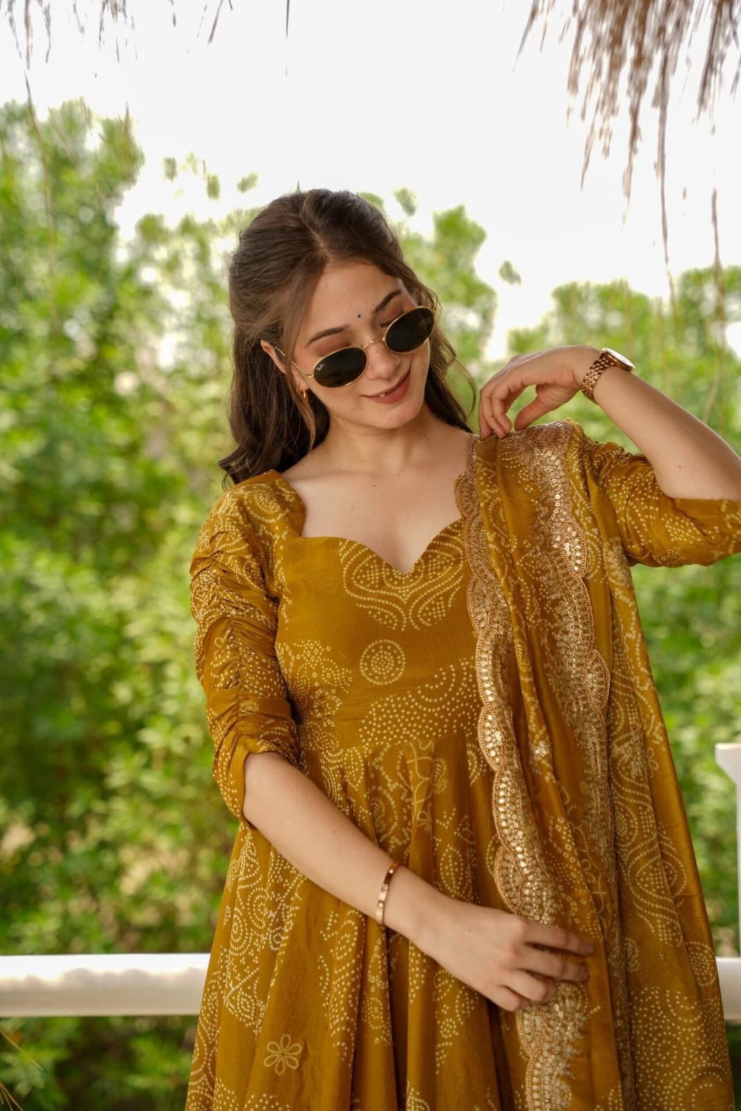 Medallion Bandhej Print Cotton Suit Set with Embroidery
